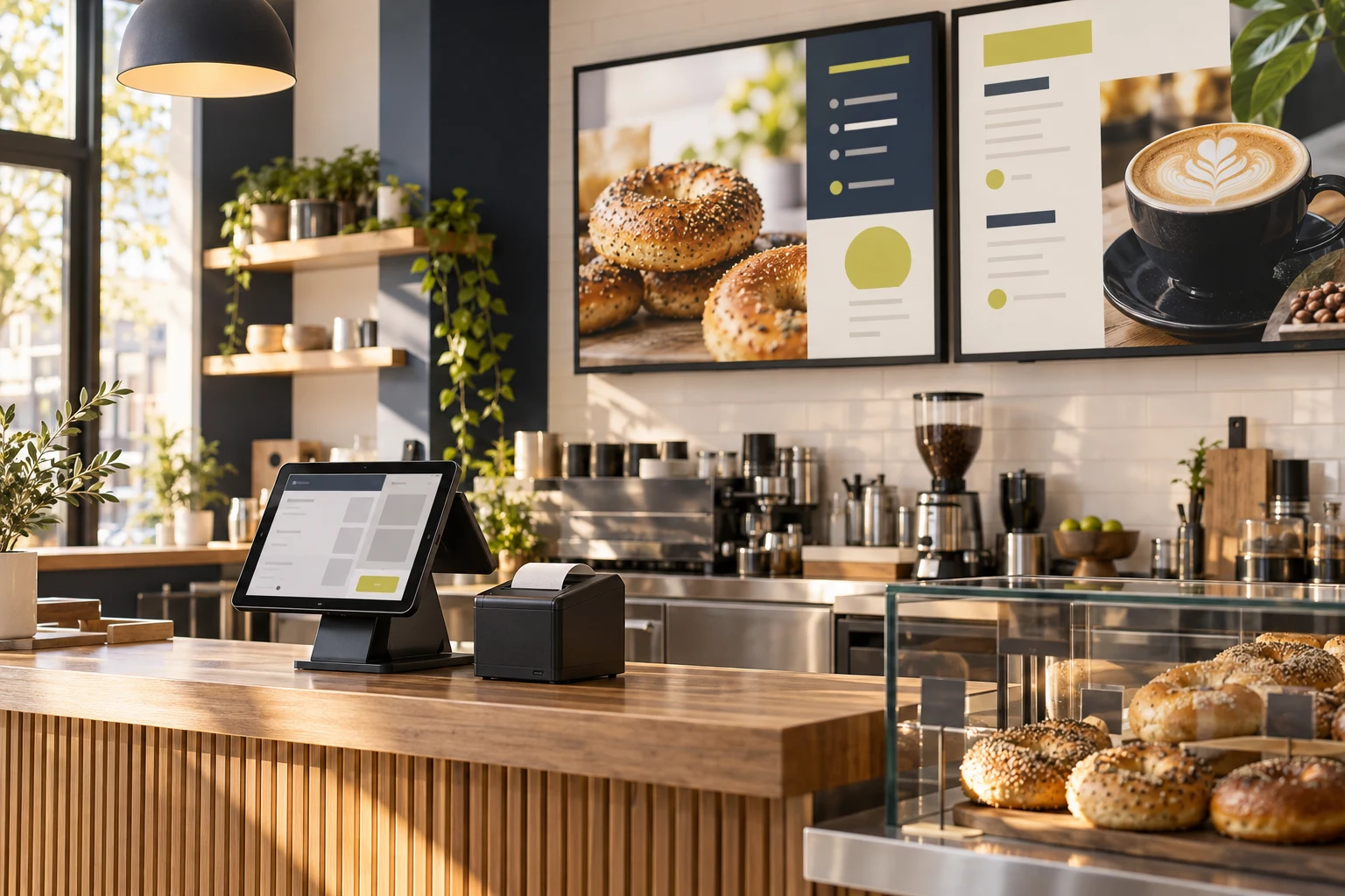 Illustrative café counter with a tablet, printer and digital menu screens