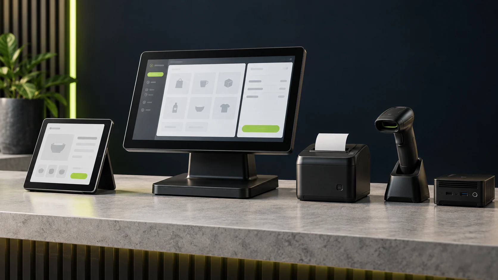 Illustration of a touchscreen register, tablet, receipt printer, scanner and media player